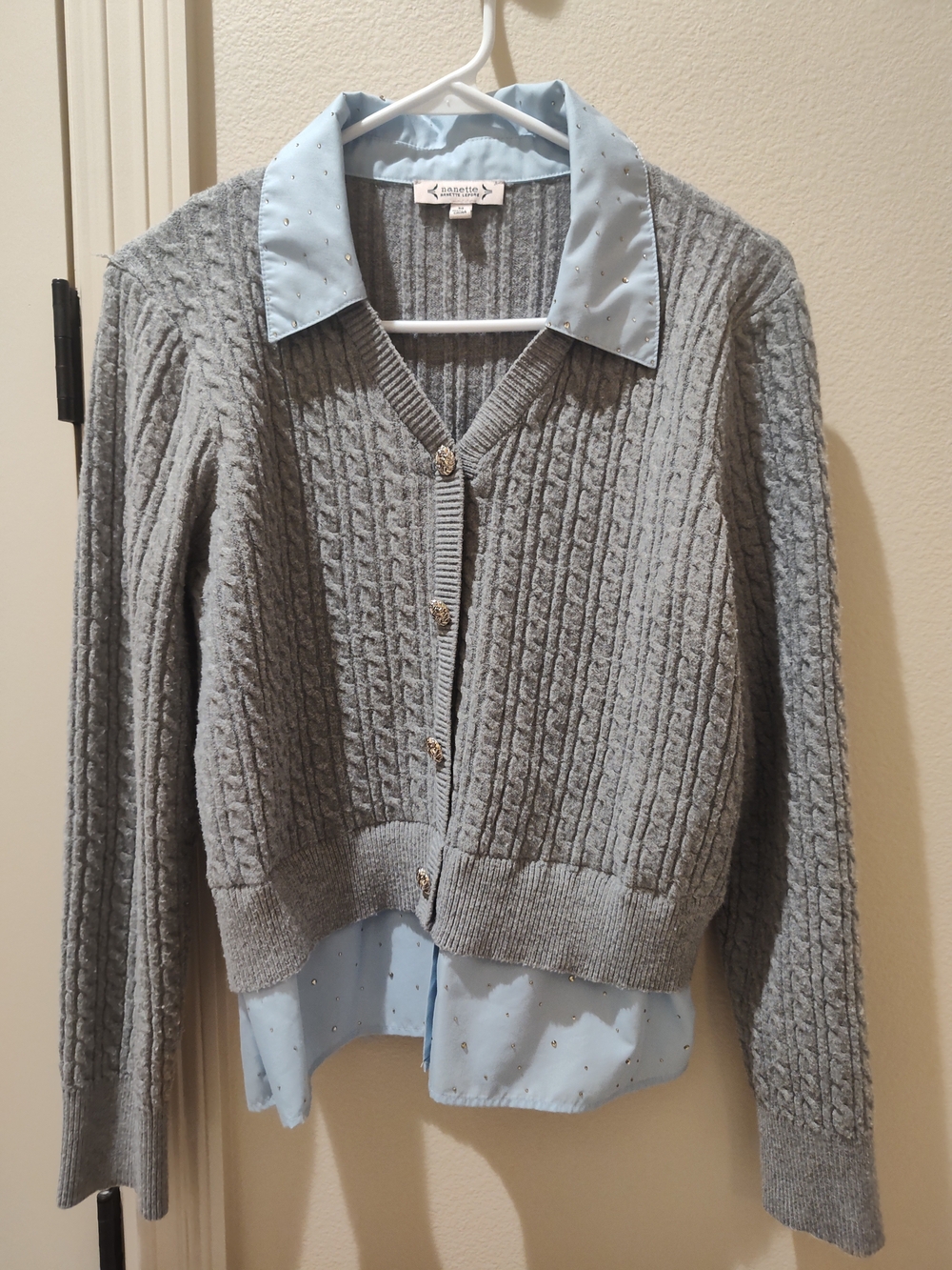 Nanette Lepore Light Gray Cable Knit Cardigan with Pale Blue Shirt Collar